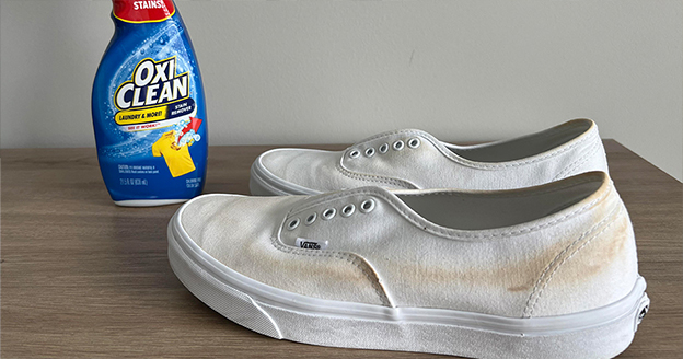 Removing yellowing from shoes using oxygen bleach